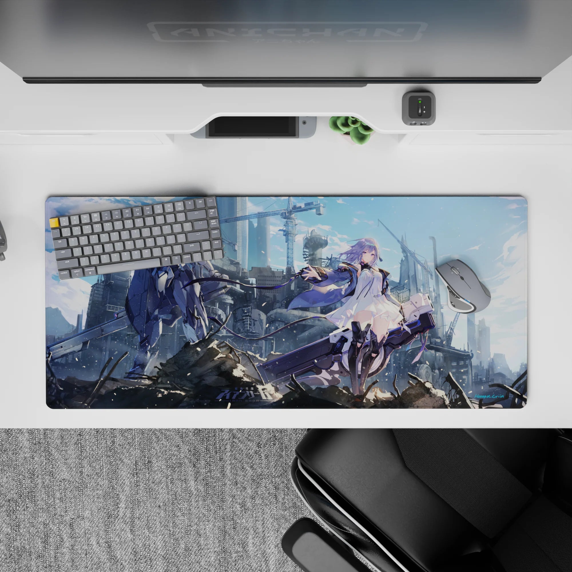 36x16 inches anime desk pad in cool sky blues and smoky grays, metallic sci-fi vibe with sharp highlights.