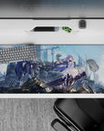 36x16 inches anime desk pad in cool sky blues and smoky grays, metallic sci-fi vibe with sharp highlights.