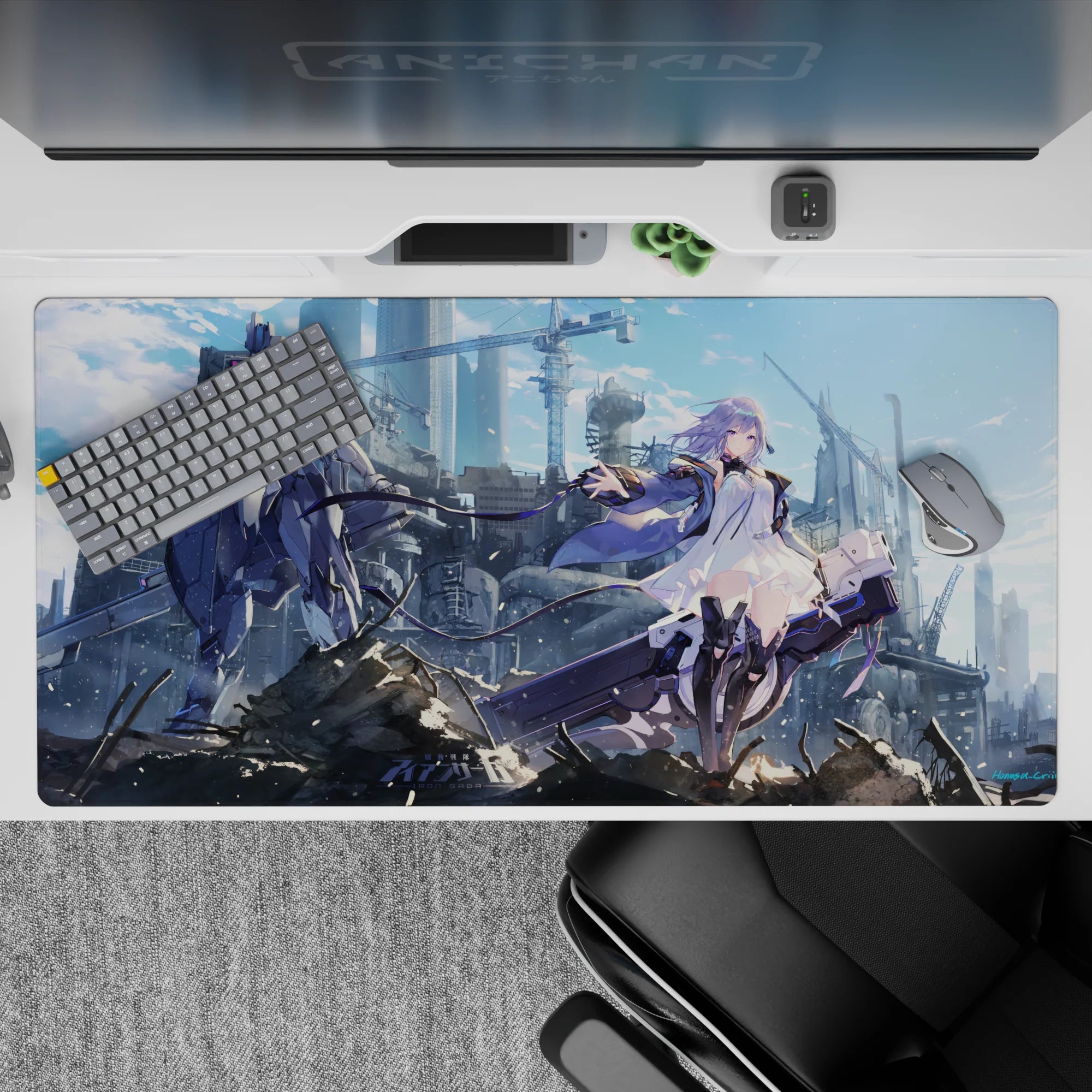 40x20 inches anime desk pad in cool sky blues and smoky grays, metallic sci-fi heroine poster vibe.