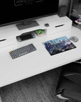 Violet-haired anime girl reaches out beneath a guardian mech mouse pad 14x10 inches, ruined city scene.