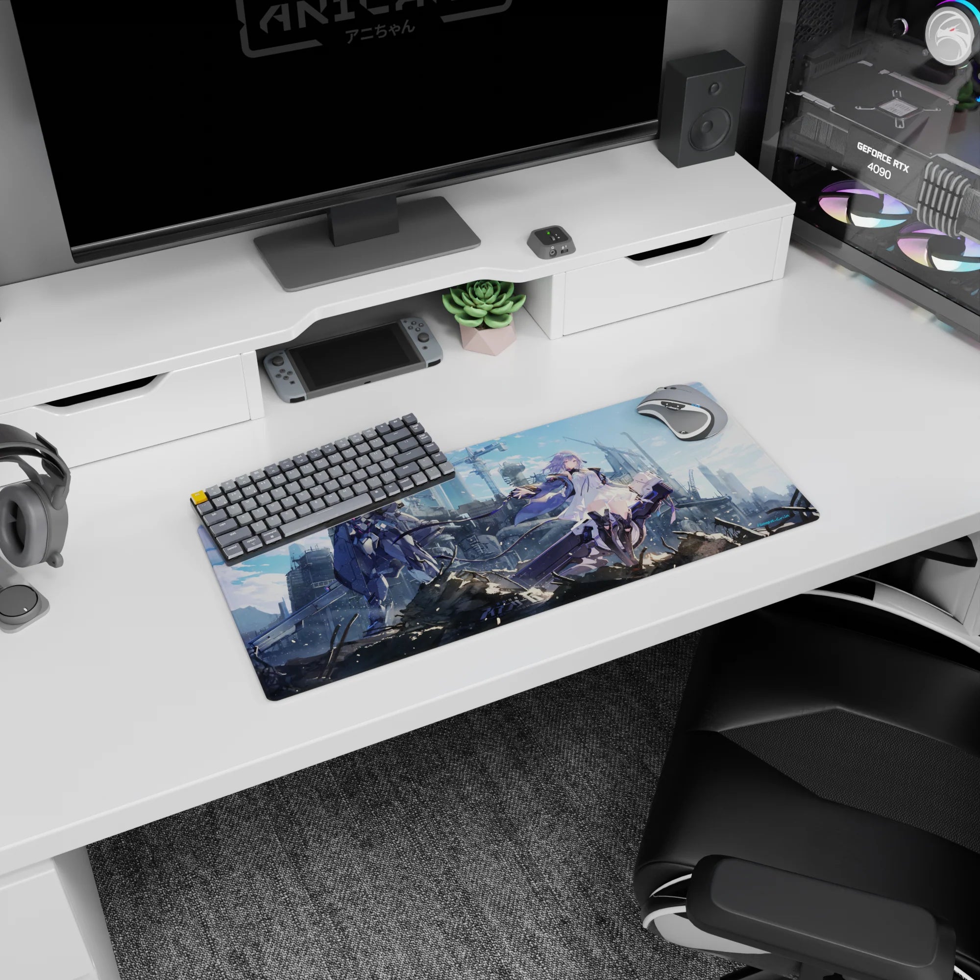 28x12 inches anime mouse pad showing a violet-haired girl reaching out as a towering mech stands behind.