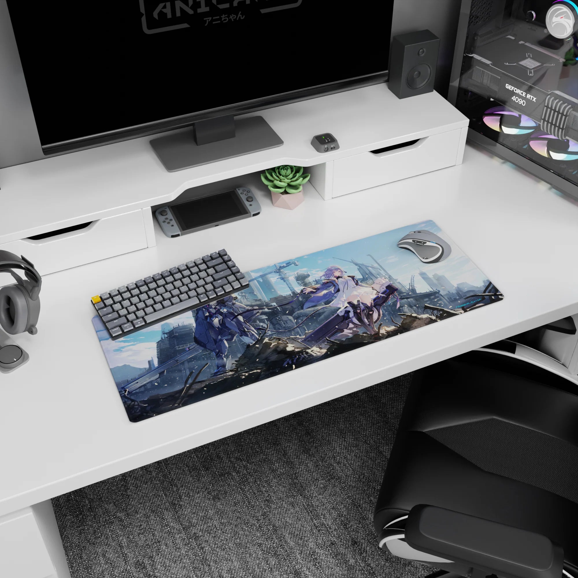 32x12 inches anime mouse pad showing a violet-haired girl reaching out as a mech guards her by cranes.