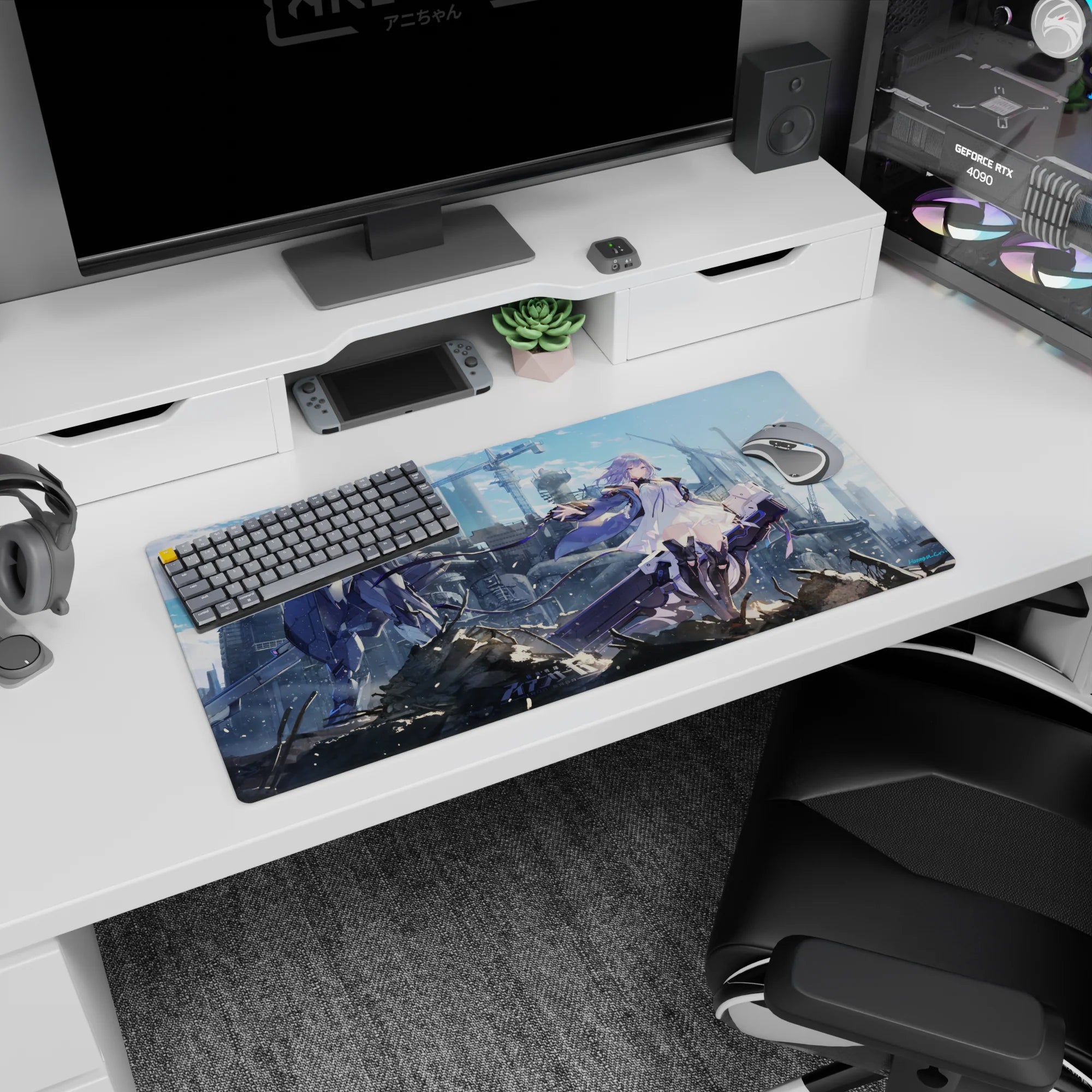 32x16 inches anime girl mouse pad showing violet-haired girl reaching out as a mech looms behind cranes.