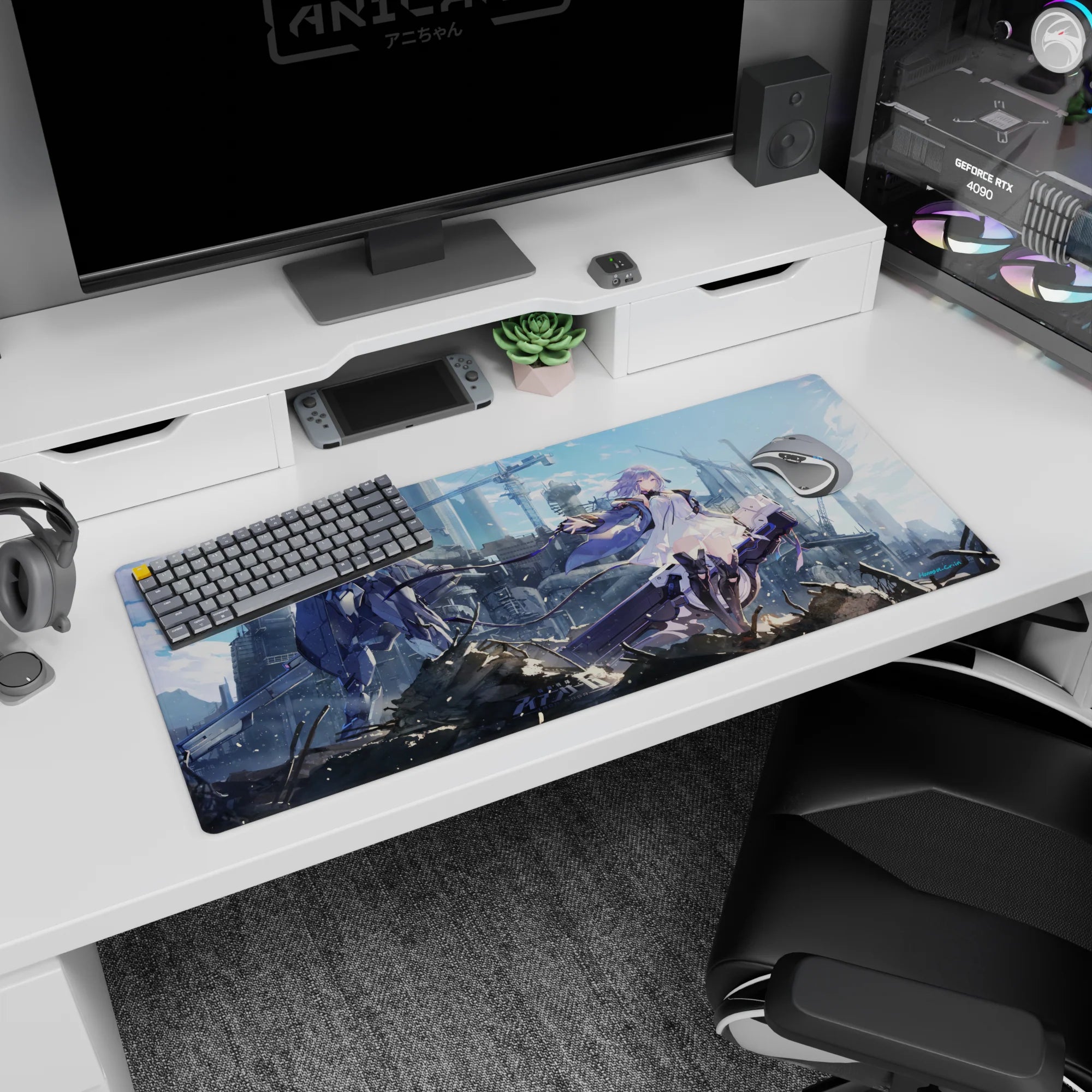 36x16 inches desk pad showing violet-haired girl reaching out as a guardian mech looms behind cranes.