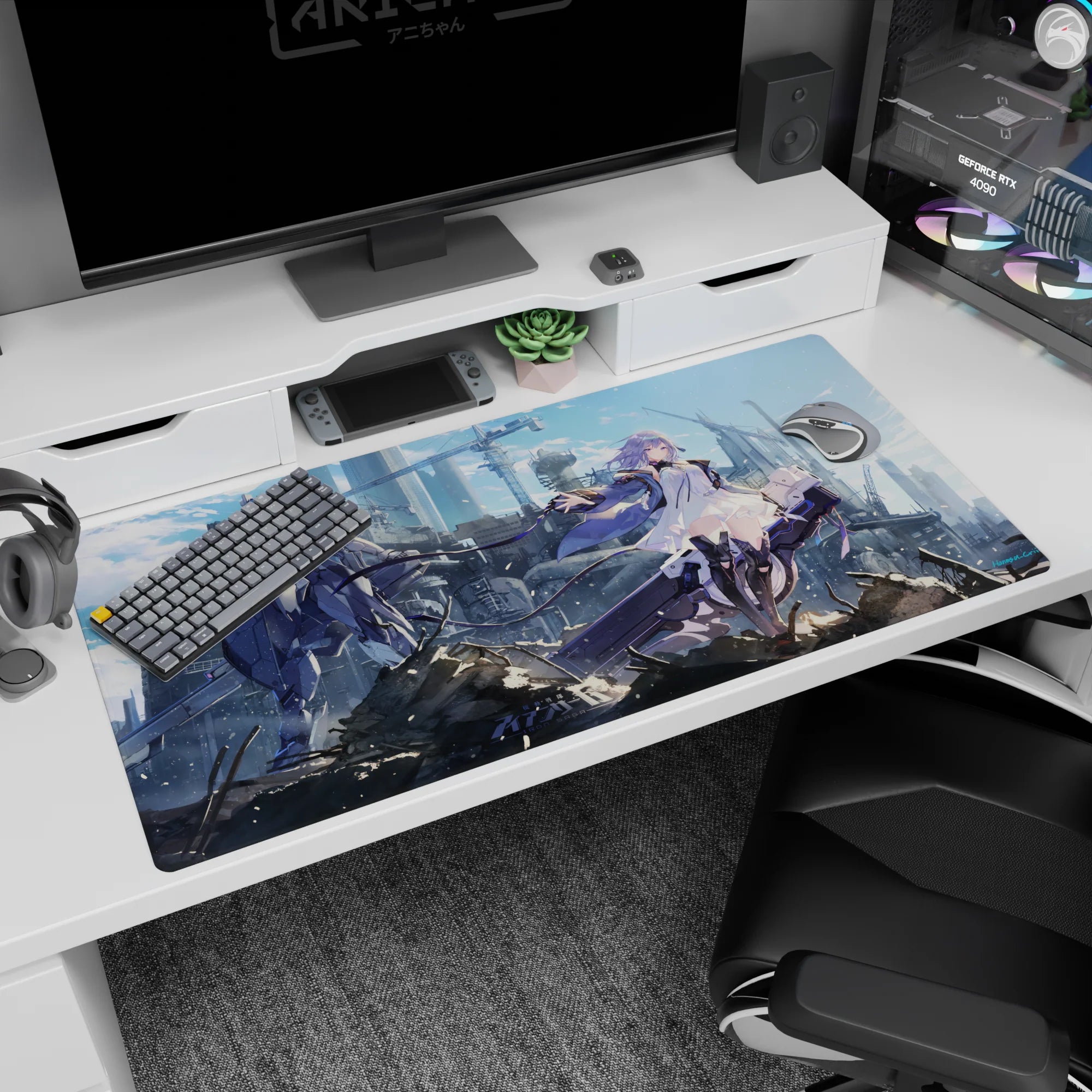 40x20 inches desk pad showing violet-haired girl reaching out as a mech stands guard by cranes and steel.