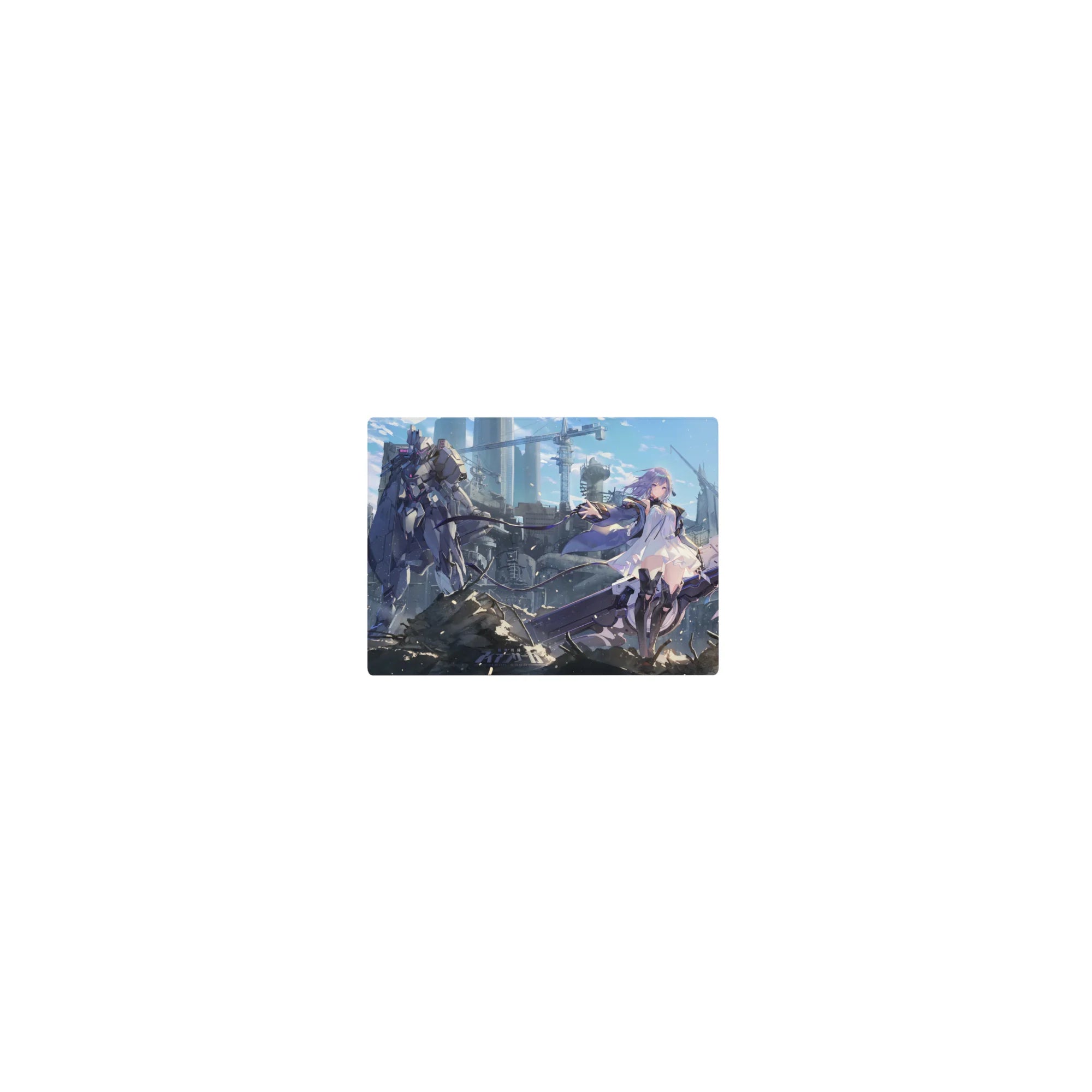 Classic anime girl mouse pad 14x10 inches with violet-haired heroine, white dress, and towering mech.