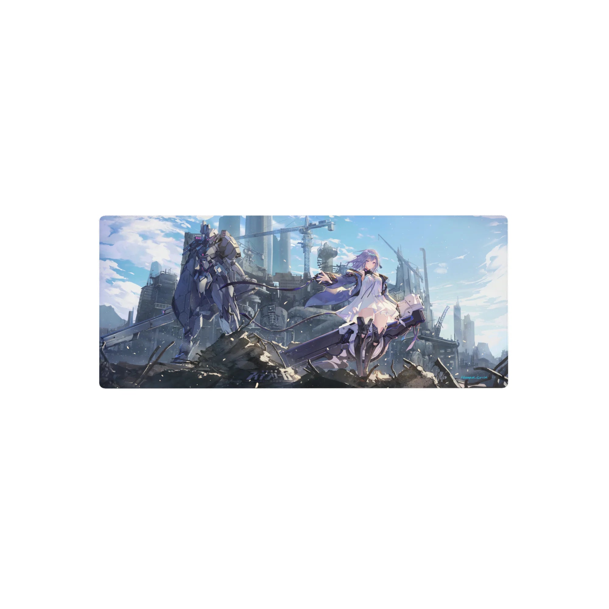 28x12 inches anime girl mouse pad with violet-haired heroine, white dress, and guardian mech in ruined city.