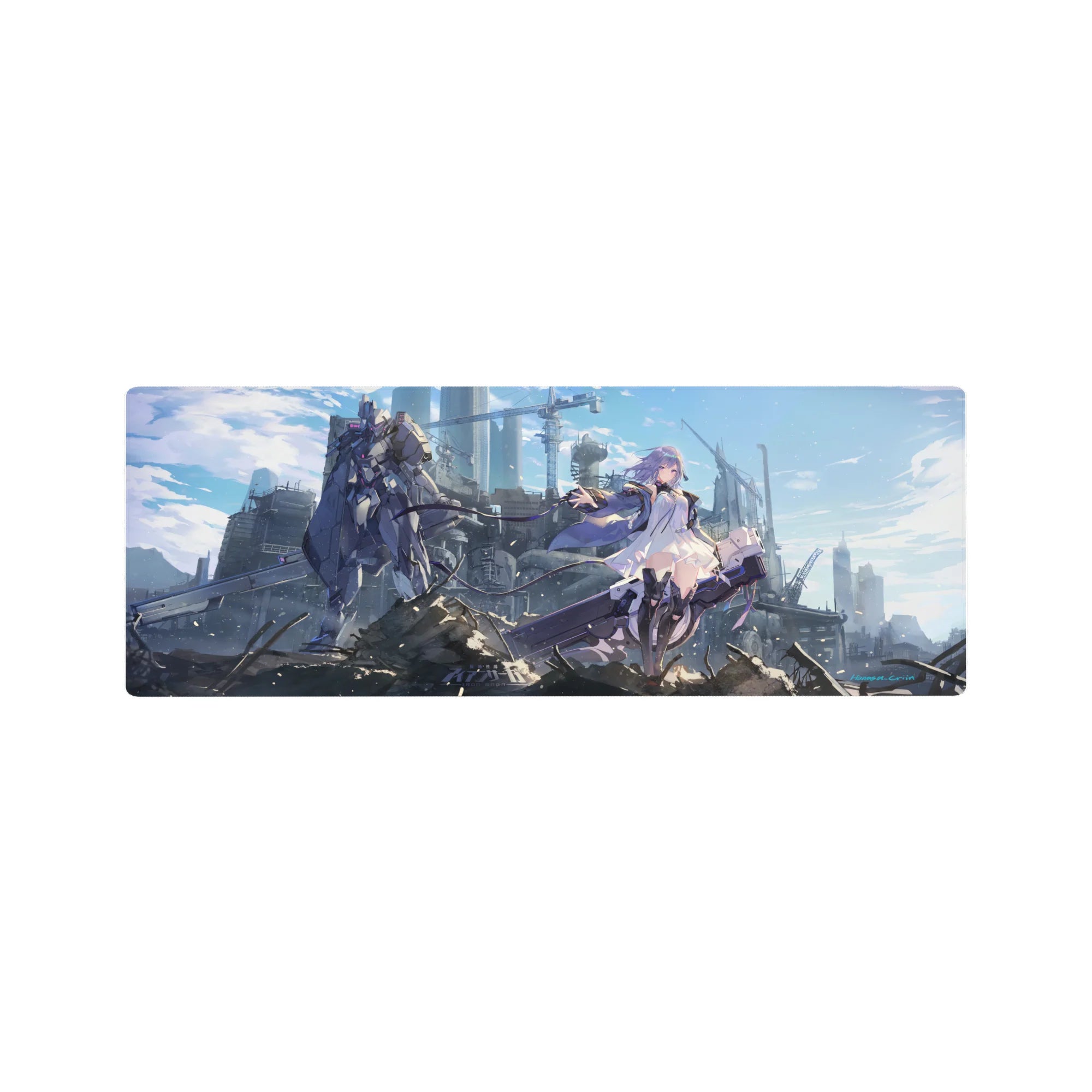 32x12 inches anime girl mouse pad with violet-haired heroine, white dress, and towering mech in ruins.