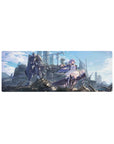32x12 inches anime girl mouse pad with violet-haired heroine, white dress, and towering mech in ruins.