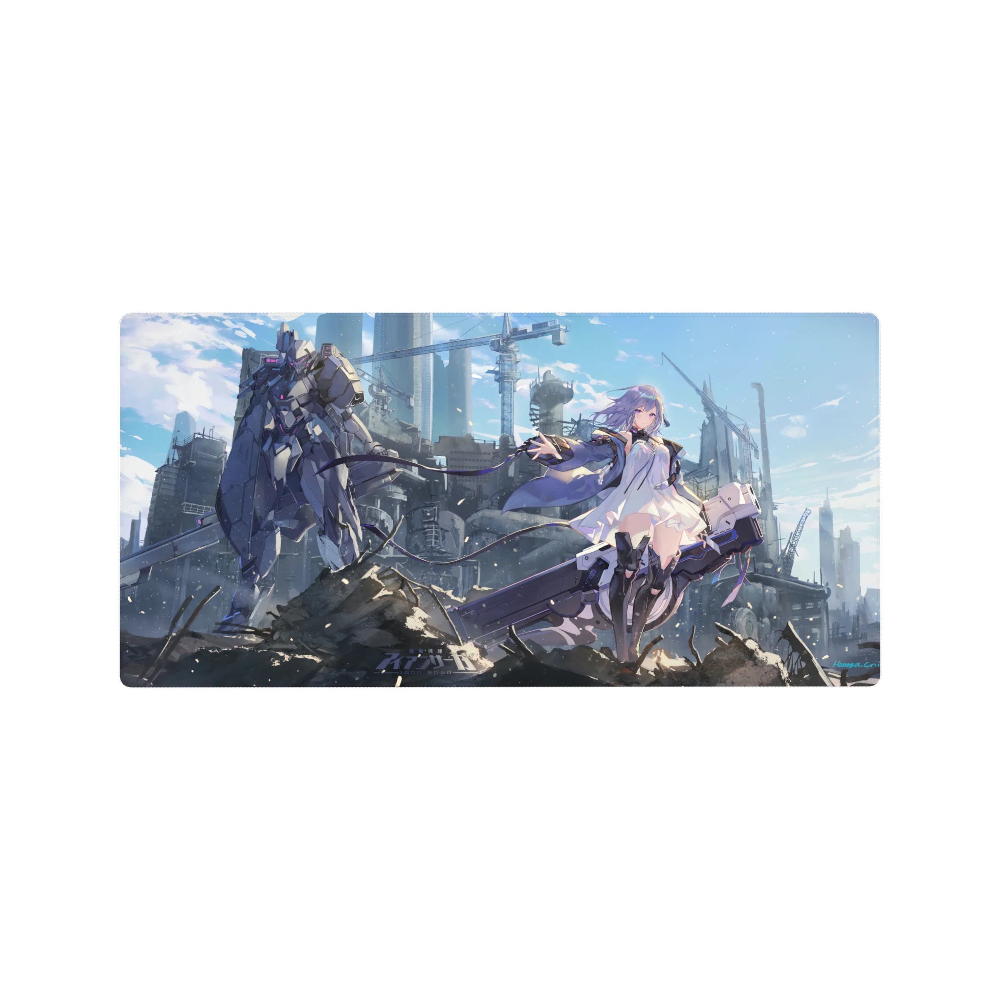 32x16 inches anime girl mouse pad with violet-haired heroine, white dress, and towering mech in ruined city.