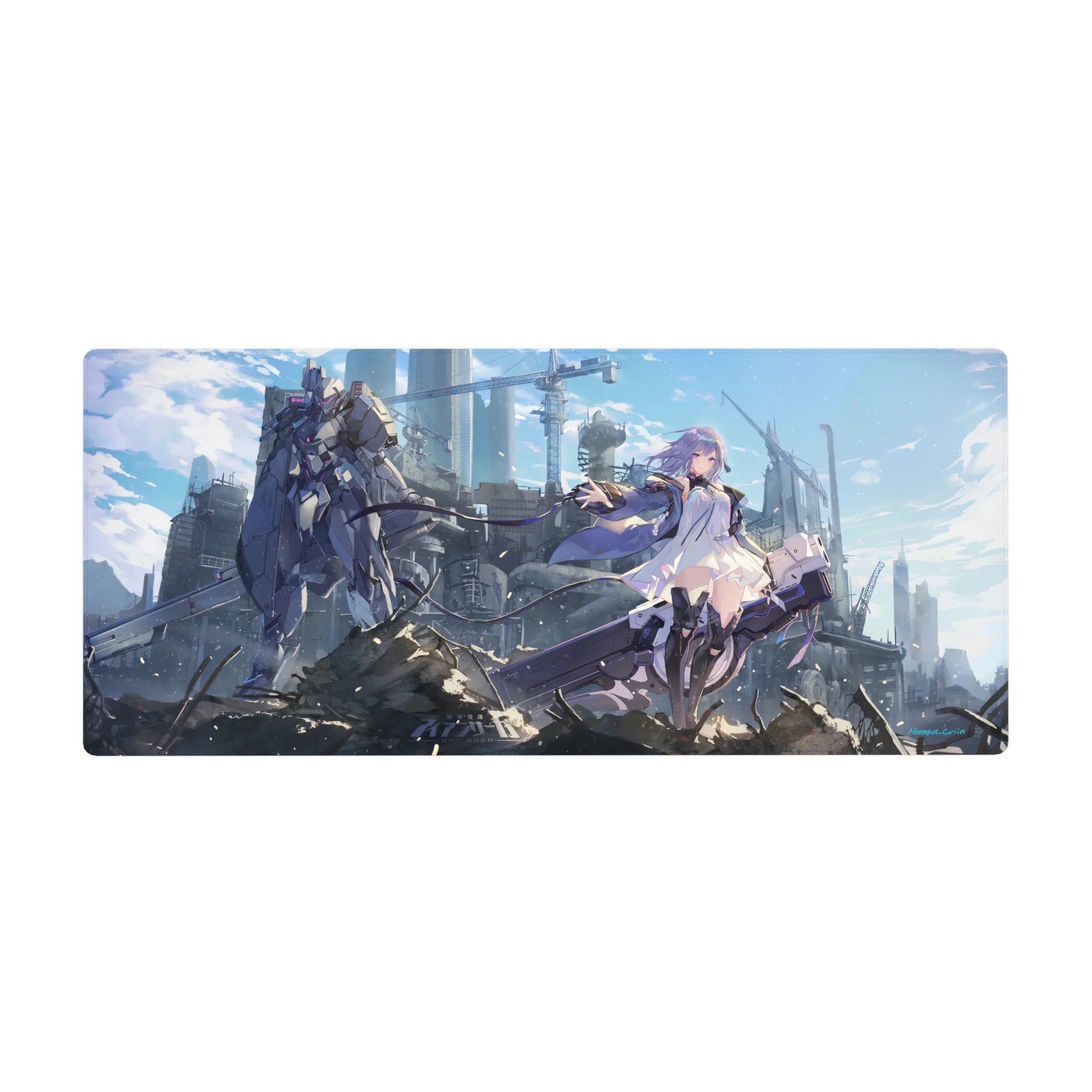 36x16 inches anime girl desk pad with violet-haired heroine, white dress, and towering mech in ruined city.