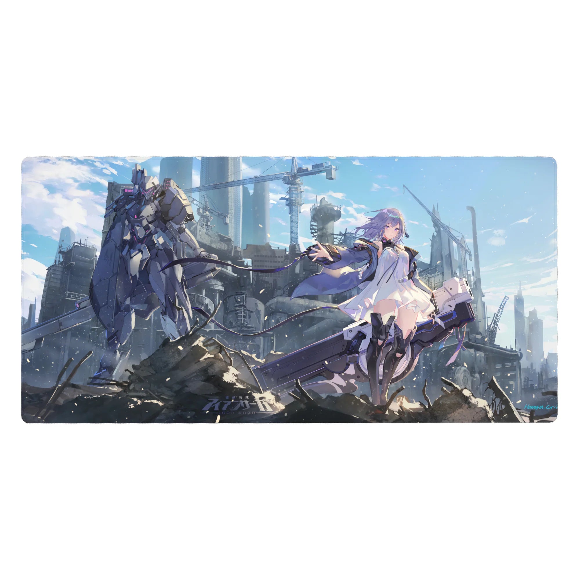 40x20 inches anime girl desk pad with violet-haired heroine, white dress, and towering mech in ruined city.