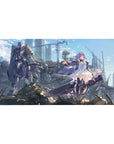 40x20 inches anime girl desk pad with violet-haired heroine, white dress, and towering mech in ruined city.