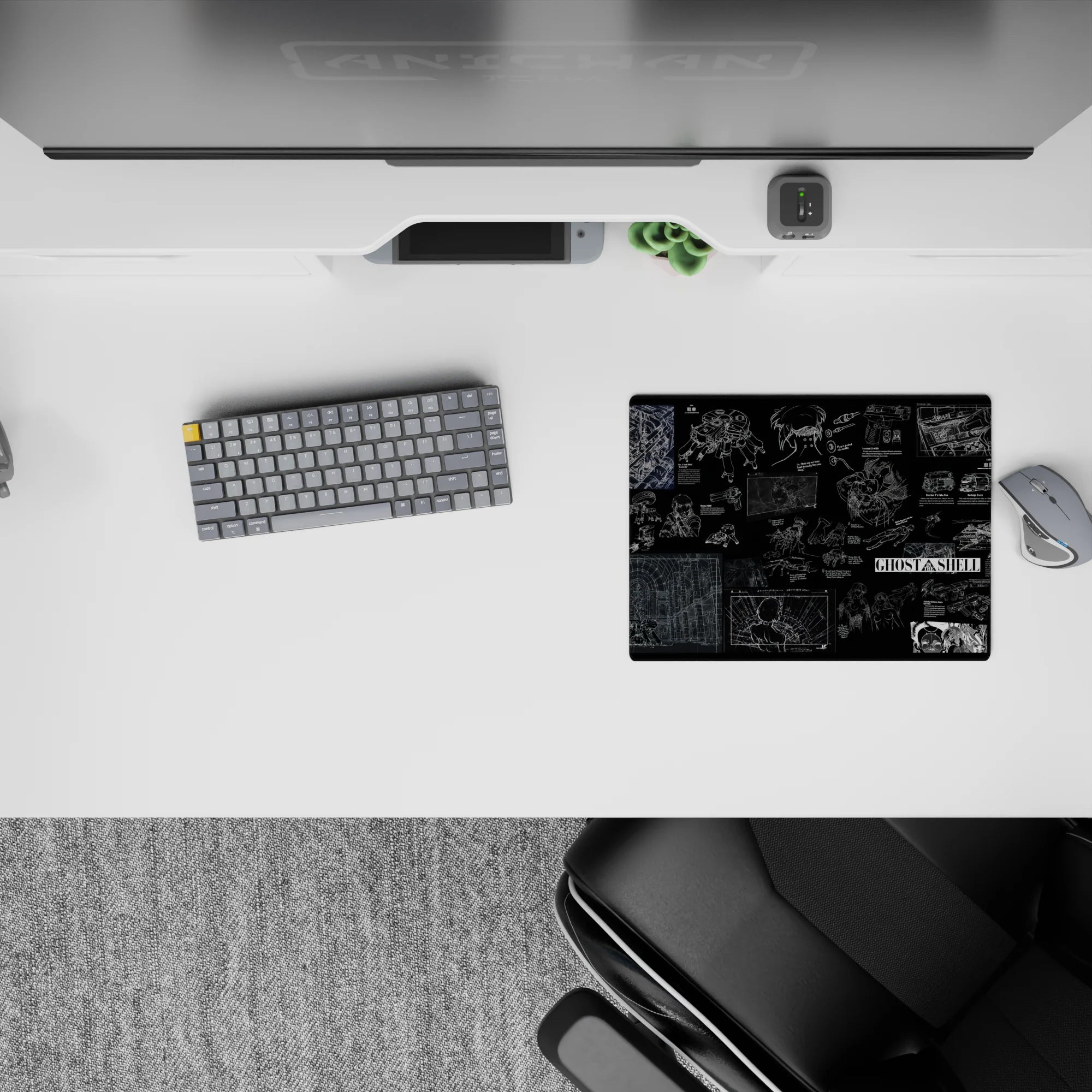 Deep black noir anime mouse pad with fine white line schematics and blue panels, calm tactical mood, 14x10 inches.
