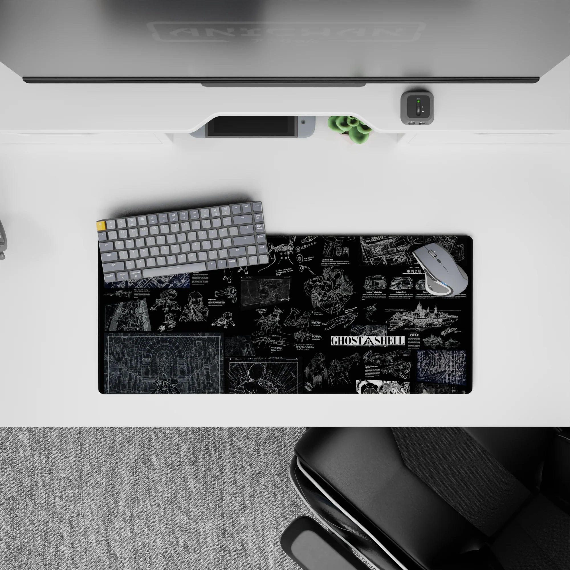 Deep black anime mouse pad with fine white linework and blue schematic panels, moody noir, 28x12 inches.