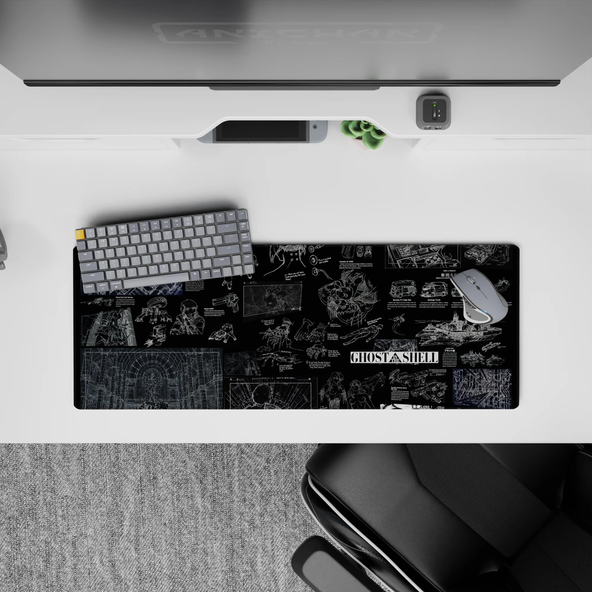 Deep black anime mouse pad with fine white line schematics and blue neon panels, calm moody vibe, 32x12 inches.