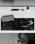 Deep black anime mouse pad with fine white line schematics and blue neon panels, calm moody vibe, 32x12 inches.