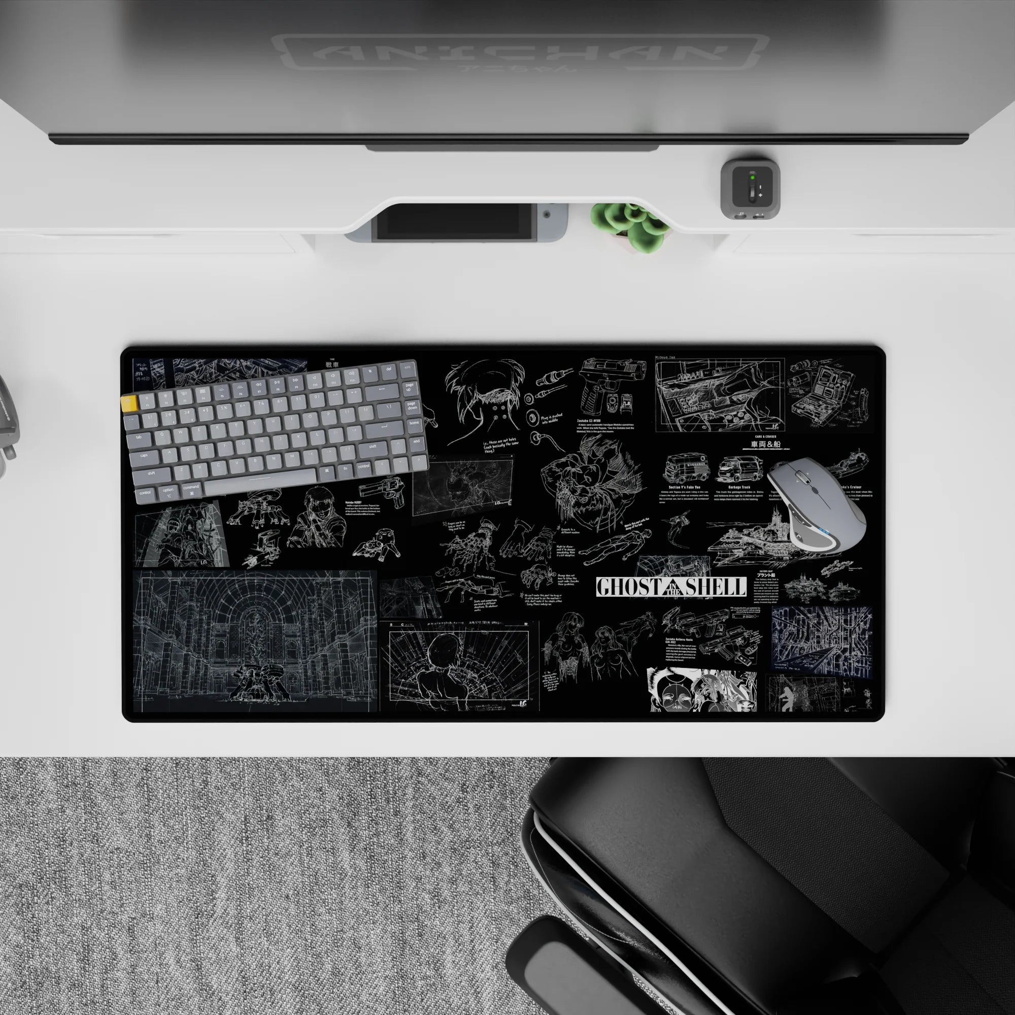 32x16 inches anime mouse pad in deep black with fine white linework and cold neon blue schematic panels.