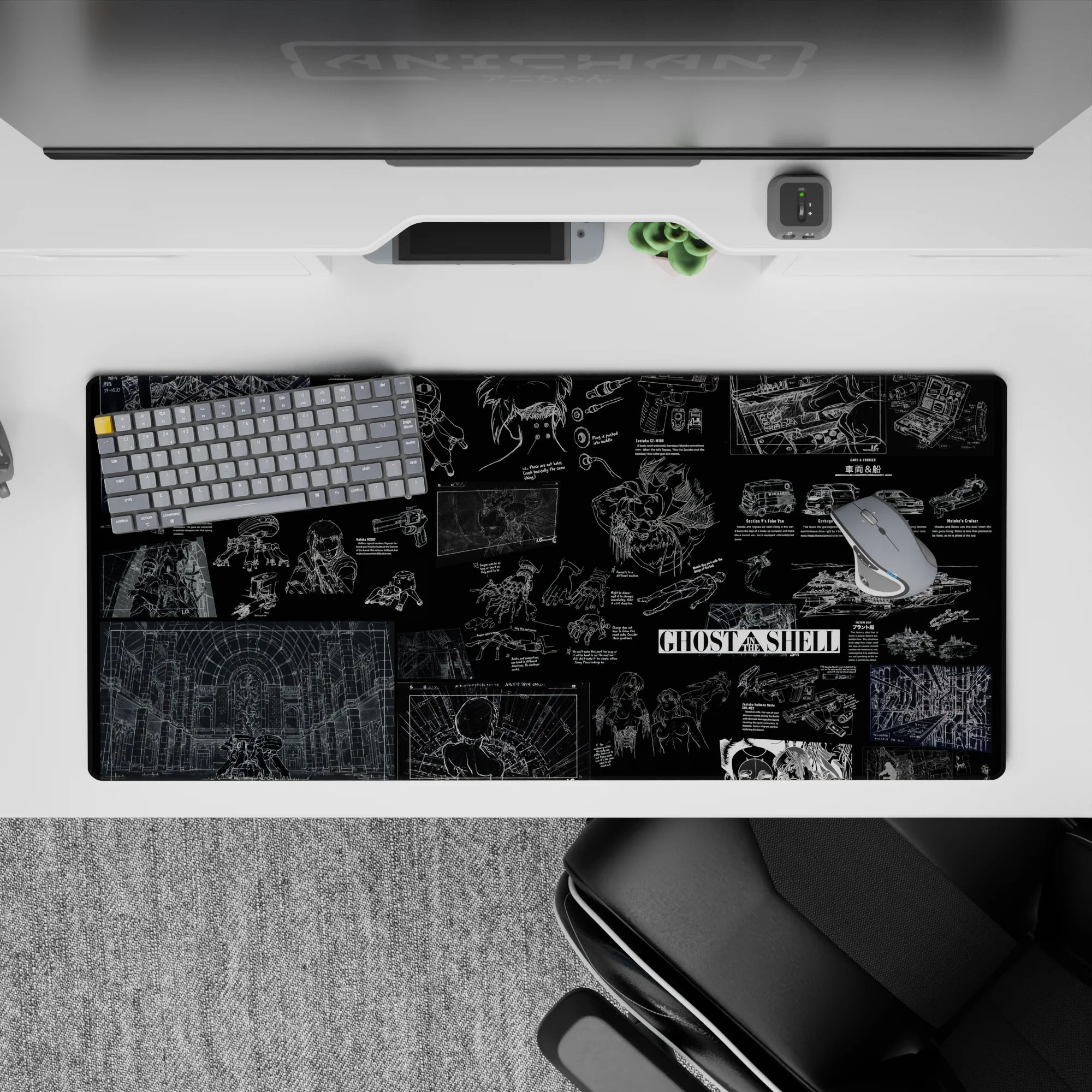 Deep black anime desk pad with fine white linework and icy blue schematics, calm cyber-noir vibe, 36x16 inches.