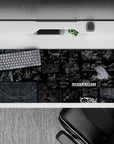 Deep black anime desk pad with fine white linework and icy blue schematics, calm cyber-noir vibe, 36x16 inches.