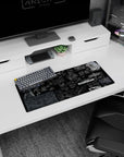 Ghost in the Shell tactical sketch wall scene on anime mouse pad, cyborg tech and vehicles, 28x12 inches.