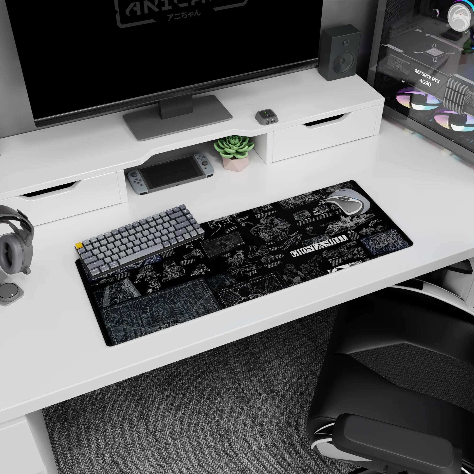 Anime mouse pad showing a classified lab-wall scene of drones, armor, city grids and weapon diagrams, 32x12 inches.