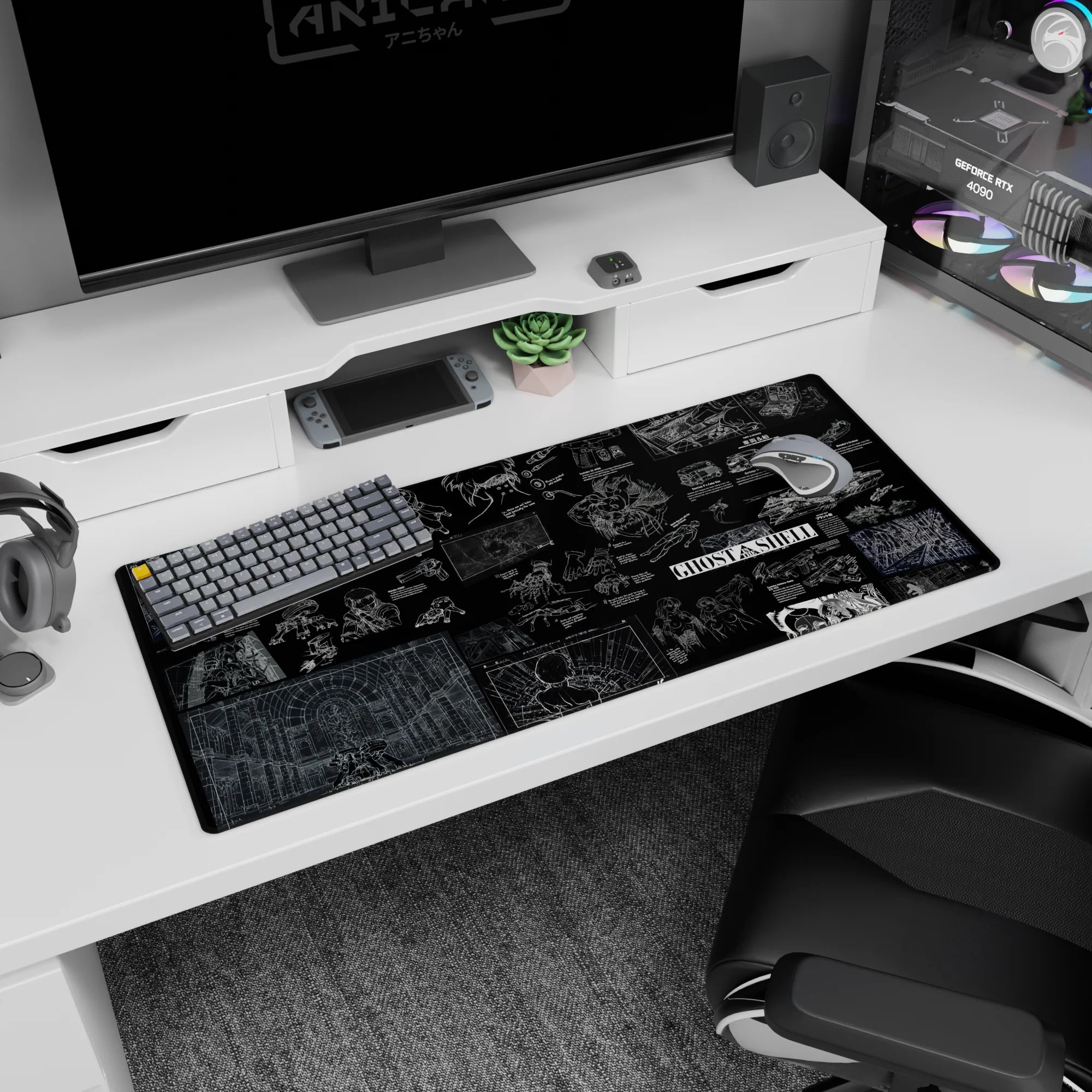 Ghost in the Shell lab-wall schematic scene desk pad with drones, armor outlines, city grids, 36x16 inches.