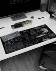 Ghost in the Shell lab-wall schematic scene desk pad with drones, armor outlines, city grids, 36x16 inches.