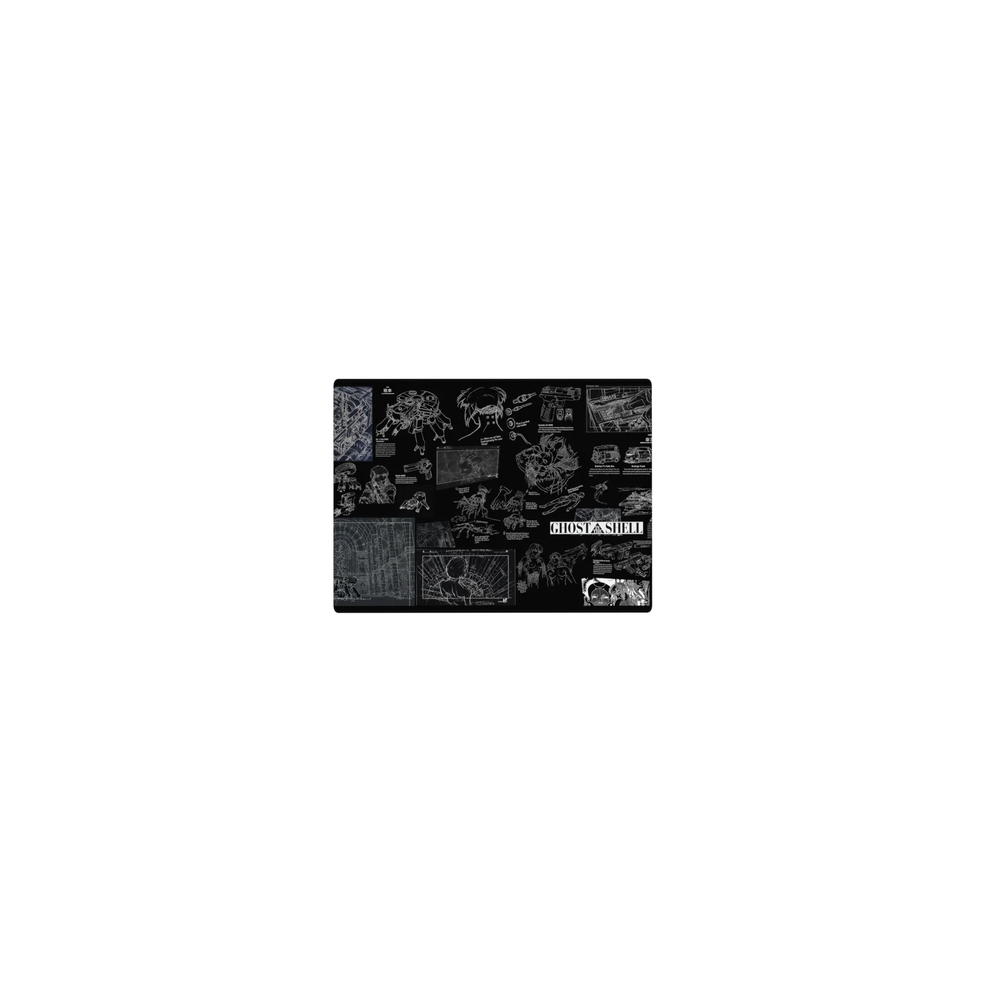 Ghost in the Shell blueprint collage anime mouse pad, cyborg tech, drones, weapons, city grids, 14x10 inches.