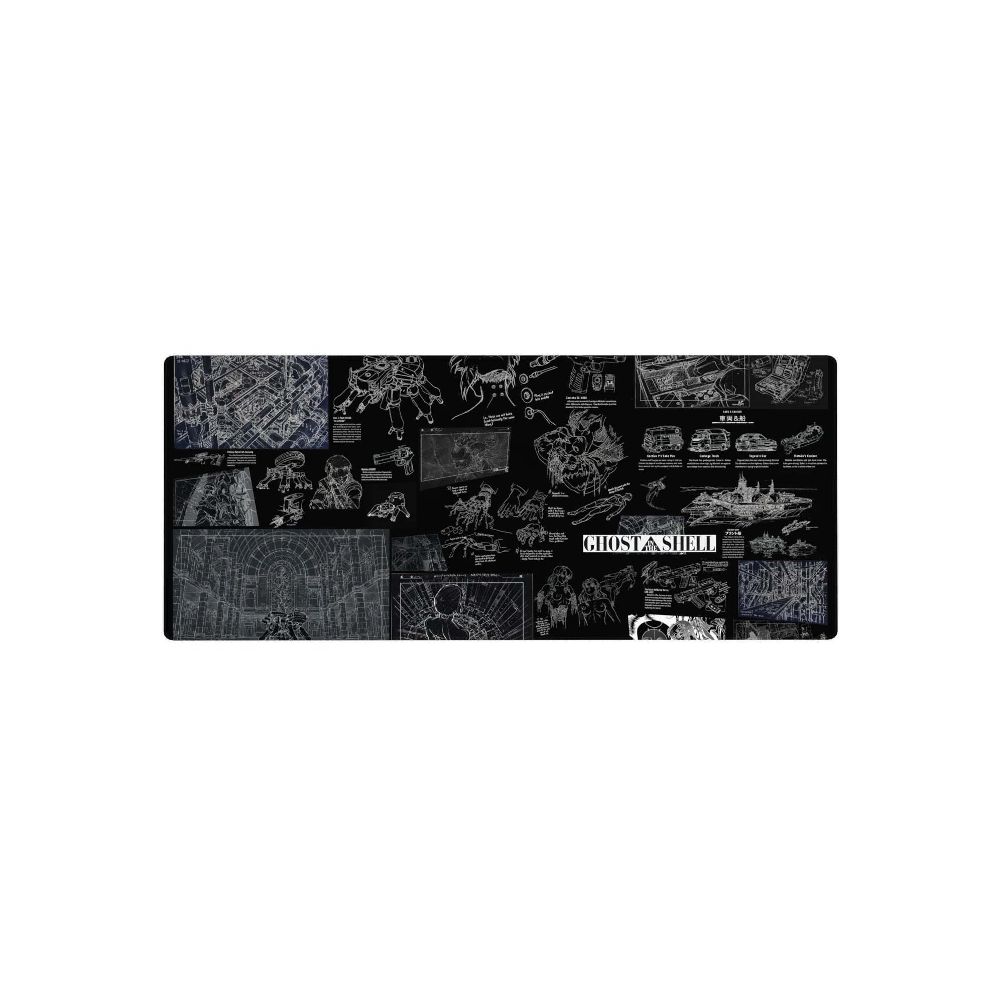 Ghost in the Shell noir blueprint collage anime mouse pad, drones, armor, city grids, 28x12 inches.