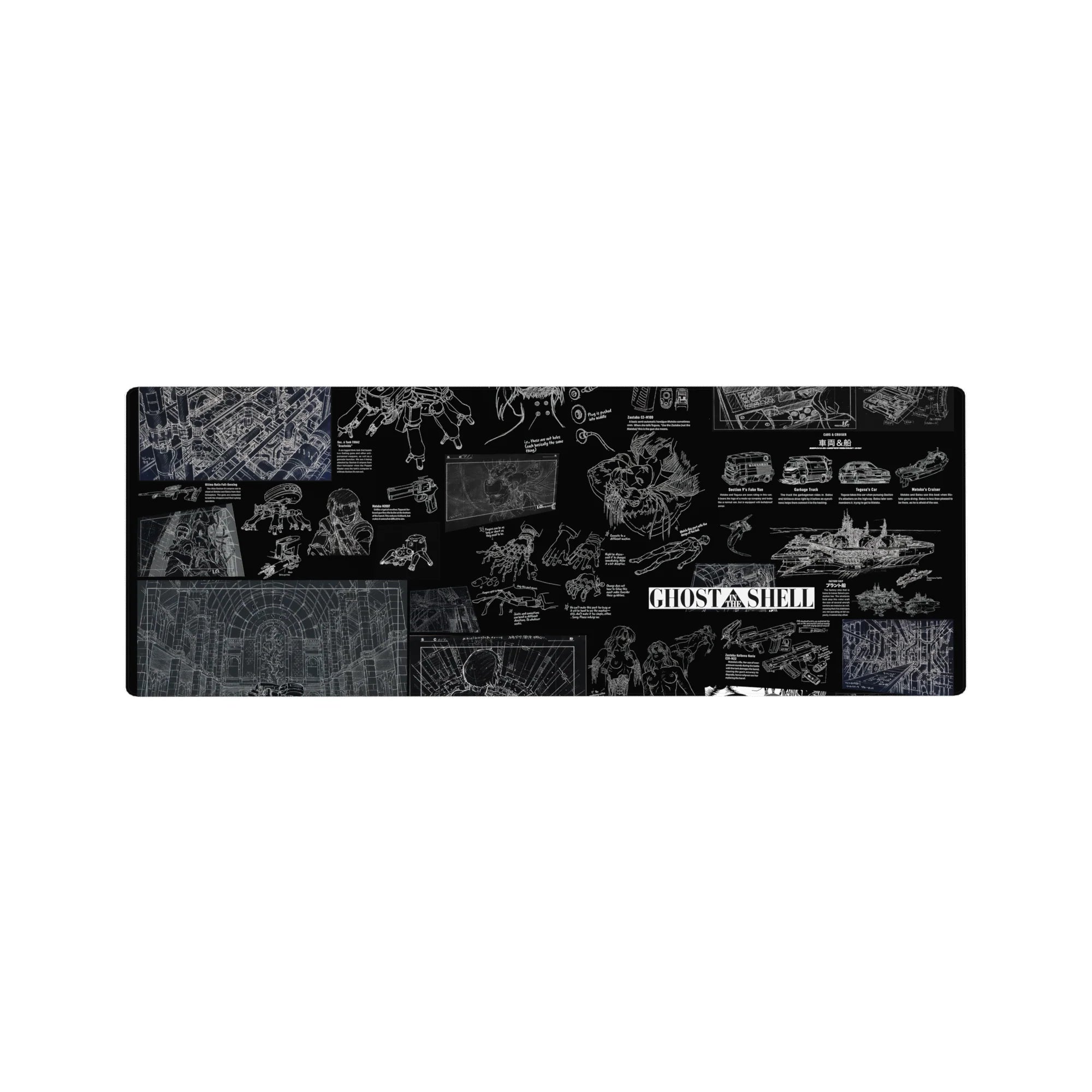 Ghost in the Shell noir blueprint collage anime mouse pad, cyborg tech and tactical sketches, 32x12 inches.