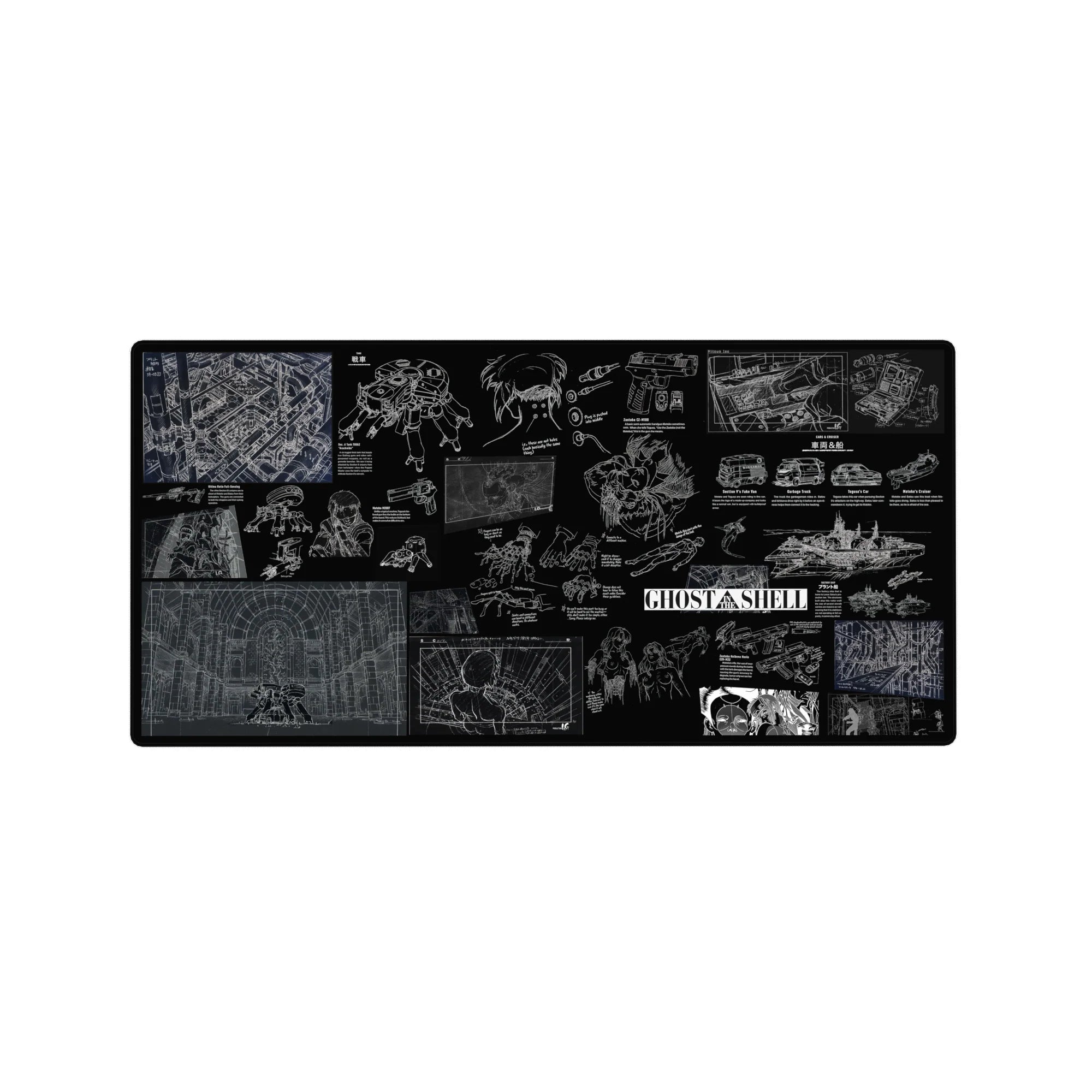 32x16 inches anime mouse pad with Ghost in the Shell noir blueprint collage of cyborg tech and diagrams.
