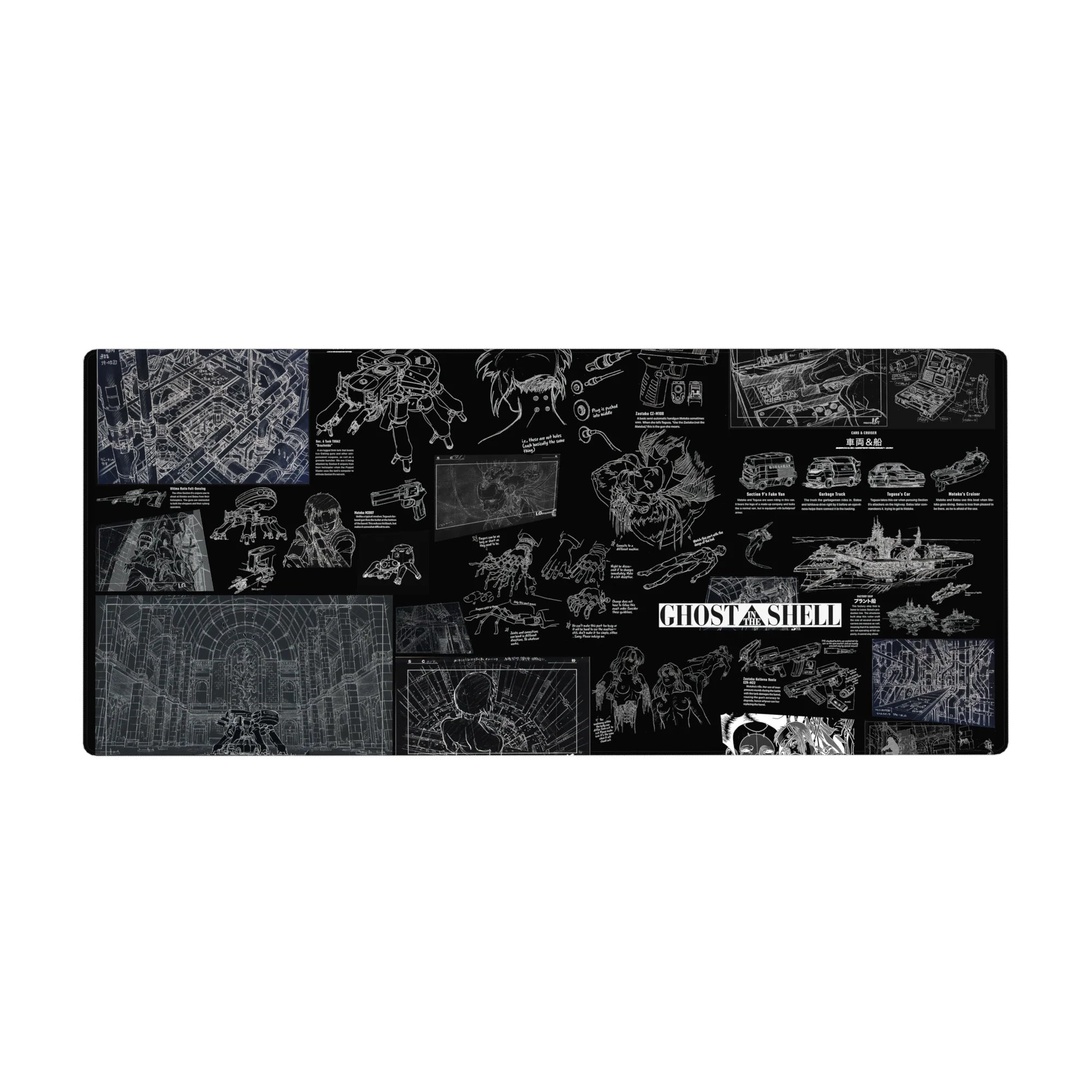 Ghost in the Shell noir blueprint collage anime desk pad, cyborg tech and tactical sketches, 36x16 inches.