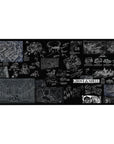 Ghost in the Shell noir blueprint collage anime desk pad 40x20 inches with cyborg tech and schematics.