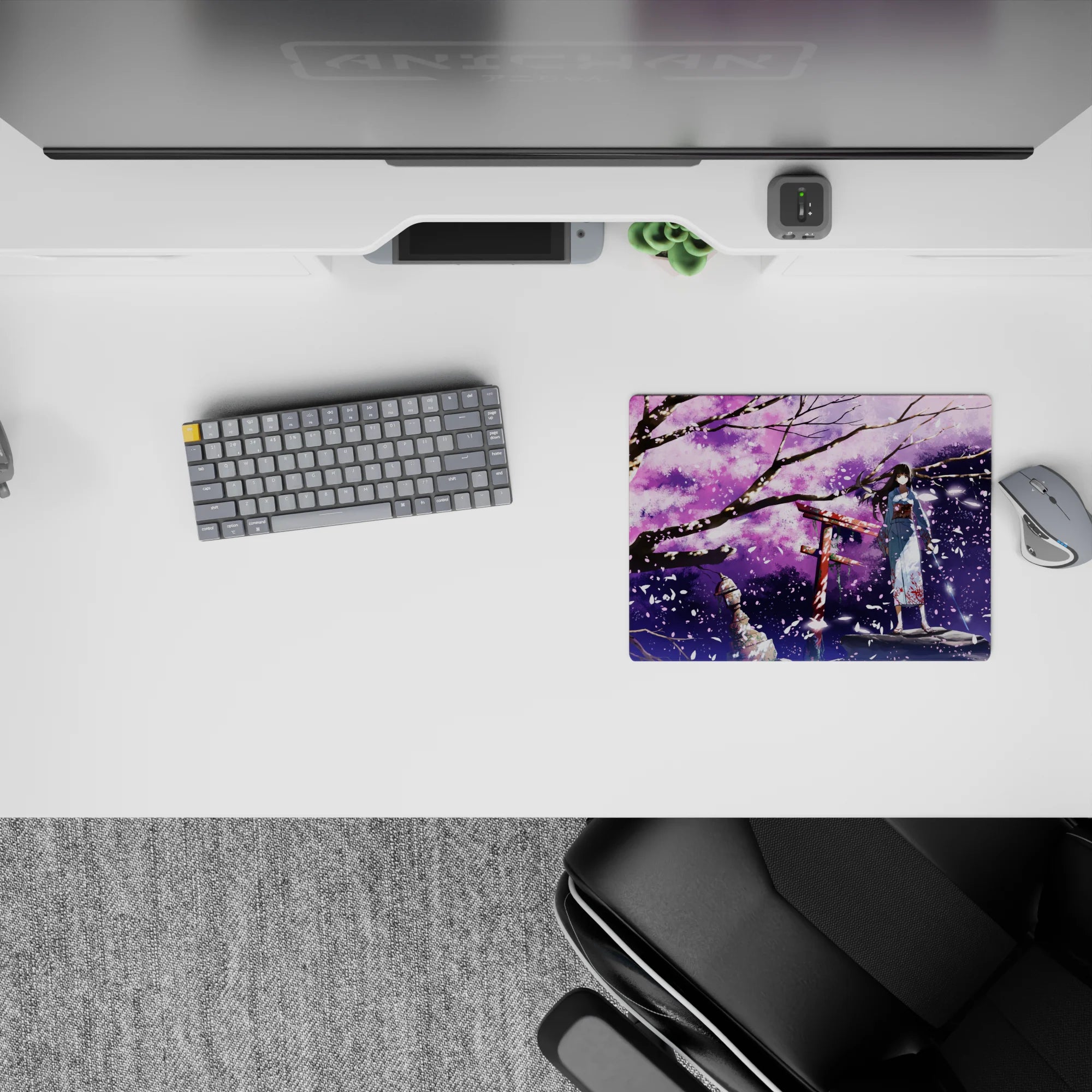 Dreamy purple night 14x10 inches anime mouse pad in lilac clouds, black branches, and sparkling sakura.