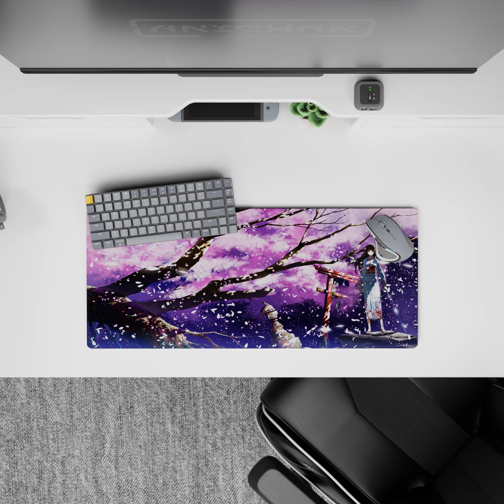 Purple night anime desk mat 28x12 inches in lilac clouds, ink-black branches, and sparkling white sakura.