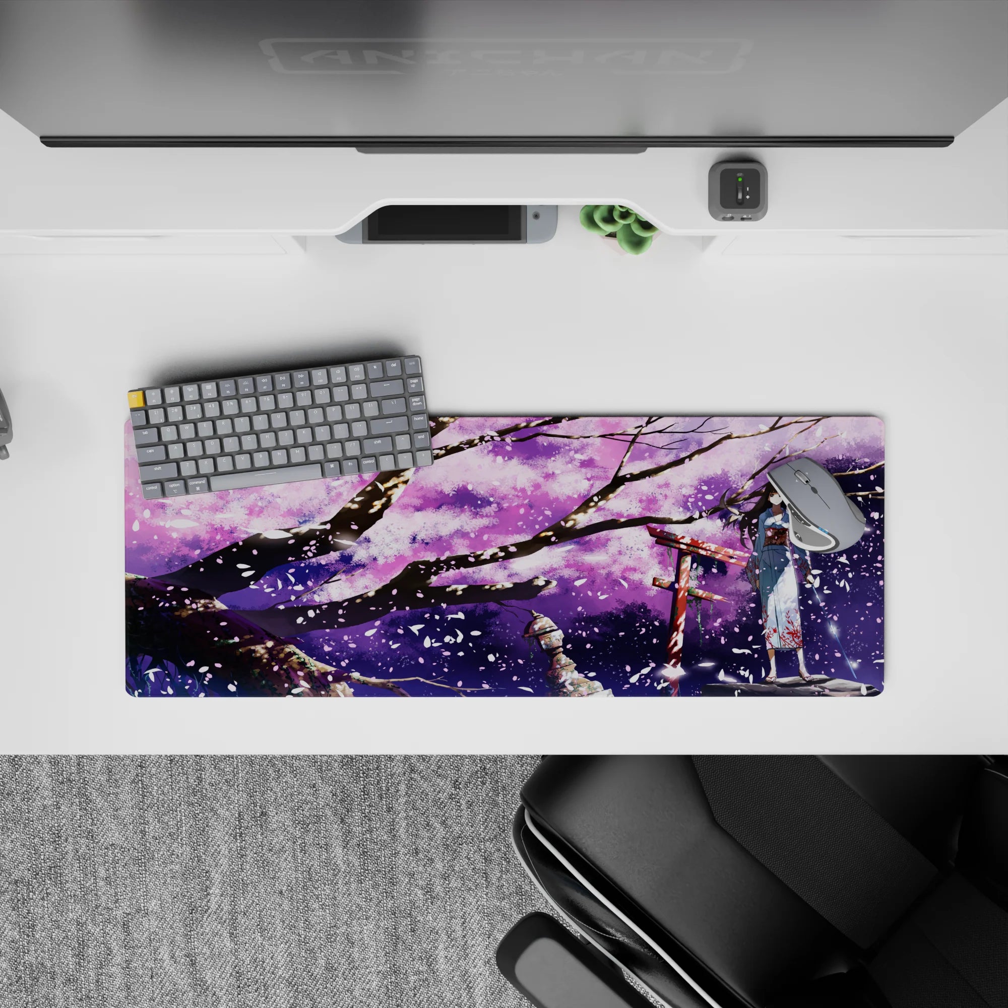 32x12 inches anime desk mouse pad in dreamy purple tones with lilac clouds, ink-black branches, and white flakes.
