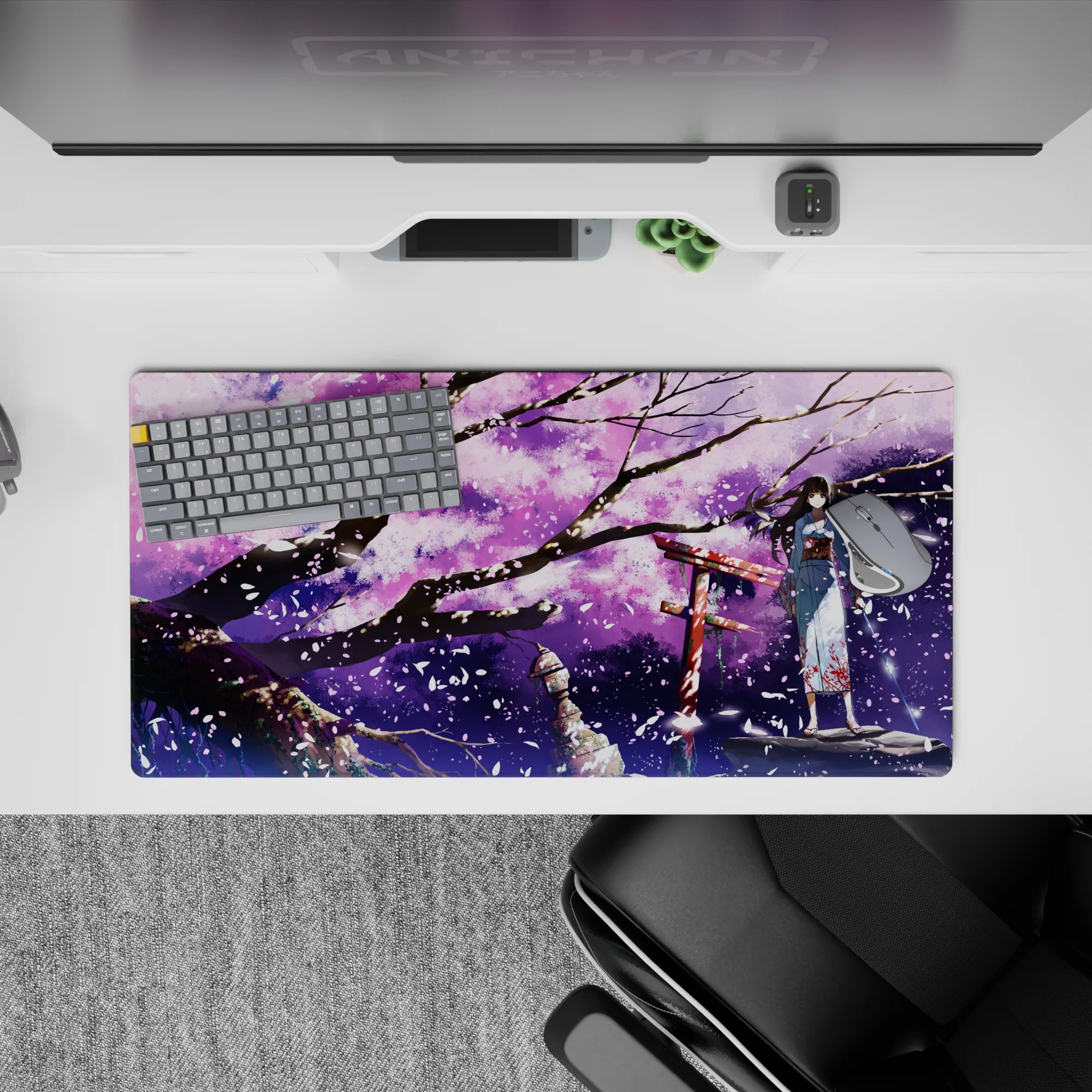 Purple night anime desk mat 32x16 inches in lilac clouds, ink-black branches, and sparkling sakura.