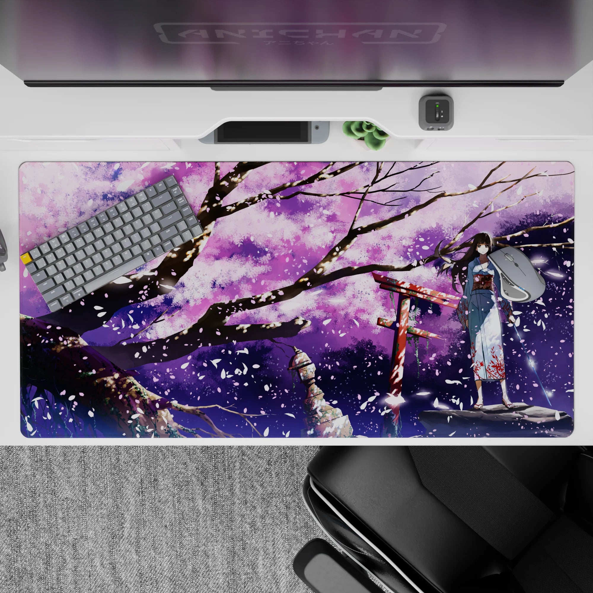 Purple lilac anime desk pad 40x20 inches, dreamy festival mood with red torii glow and white sakura flecks.