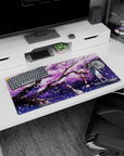 Blue yukata anime girl by glowing red torii mouse pad 32x16 inches with drifting sakura flakes.