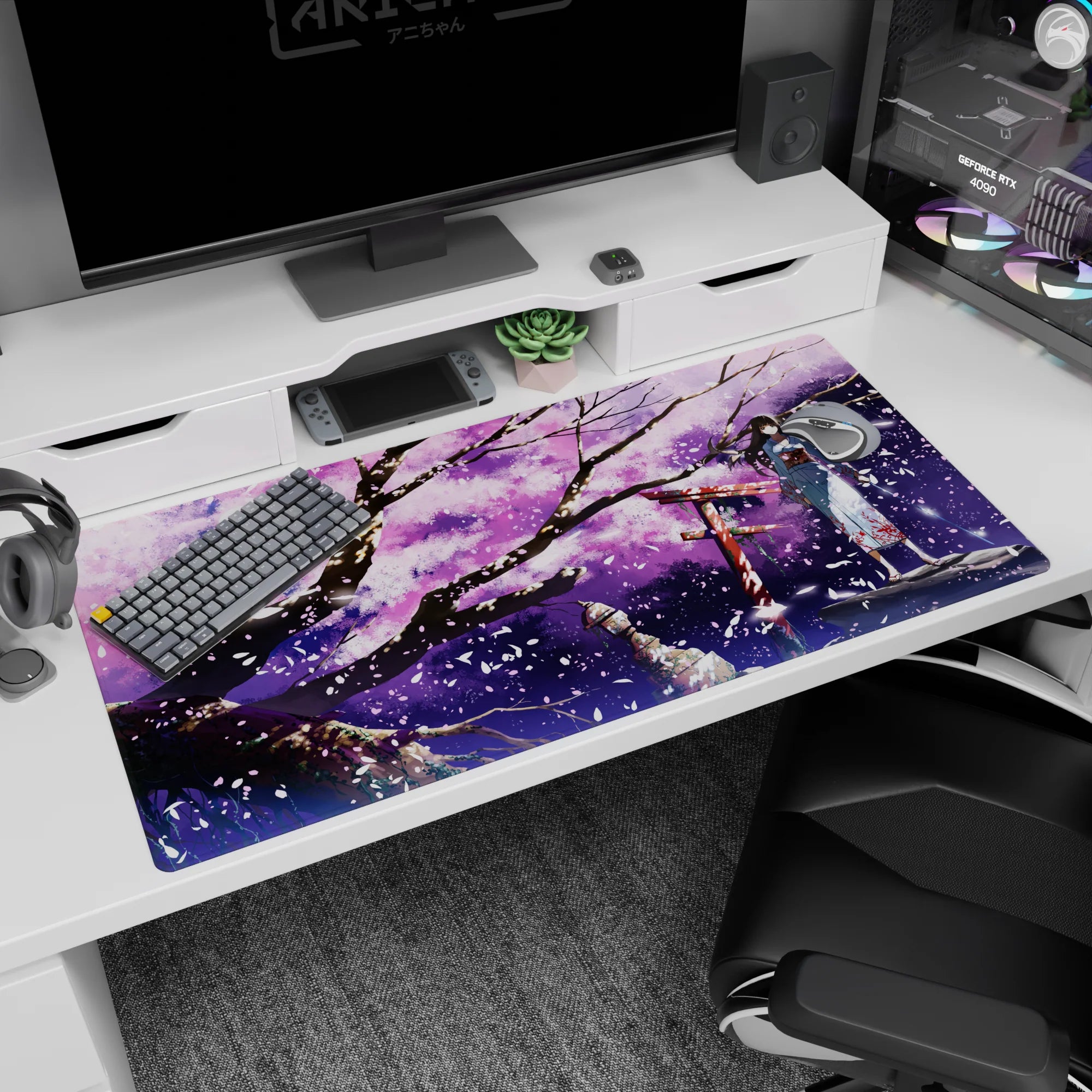 Girl in blue yukata beside a glowing red torii on a 40x20 inches anime desk pad under drifting petals.