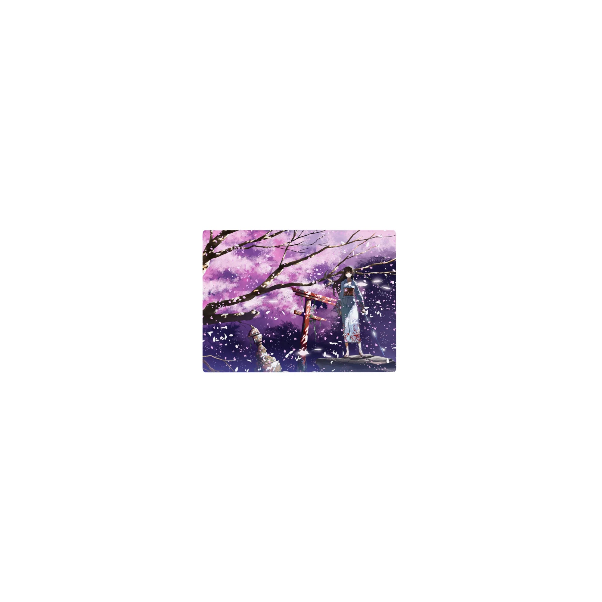 Classic anime girl mouse pad 14x10 inches with blue yukata, red shrine gate, and drifting sakura petals.