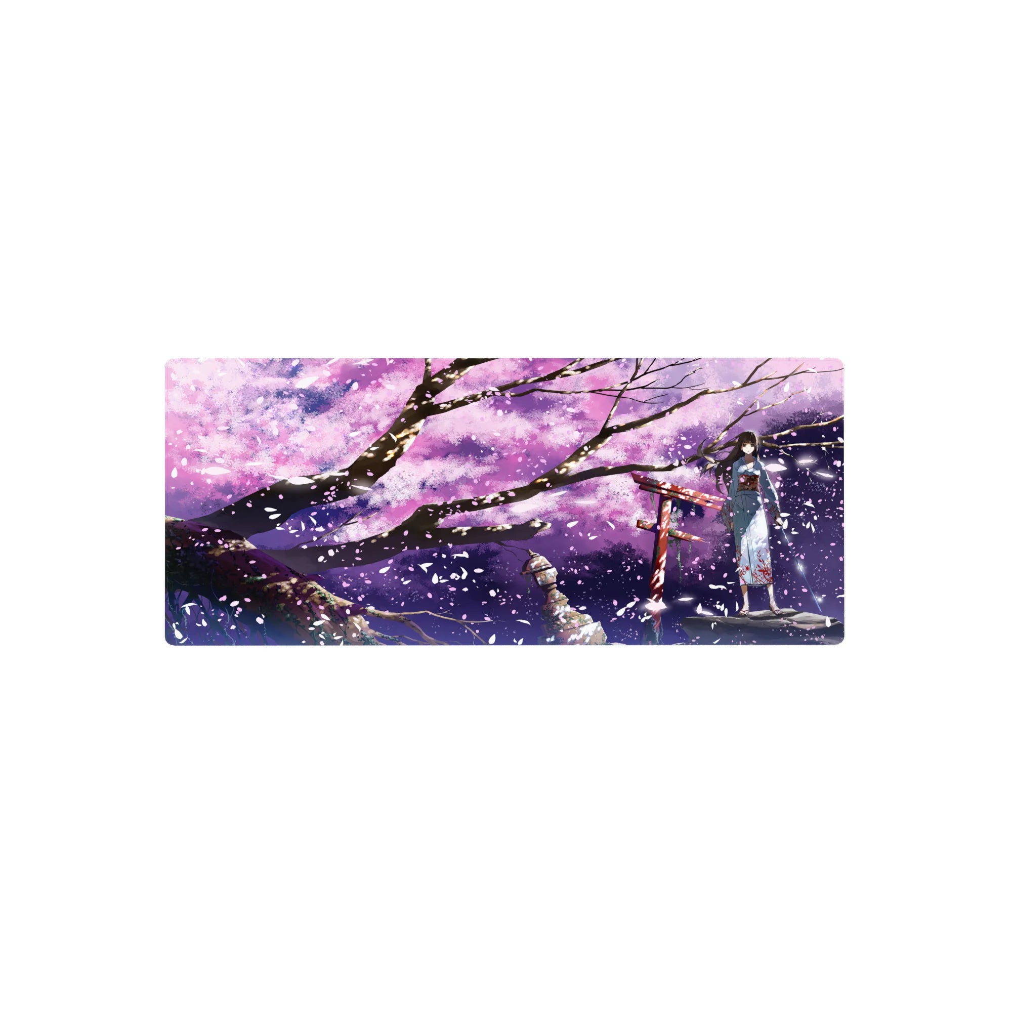 Anime girl mouse pad 28x12 inches with blue yukata, red shrine gate, sakura petals, purple night sky.
