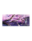 Anime girl mouse pad 28x12 inches with blue yukata, red shrine gate, sakura petals, purple night sky.