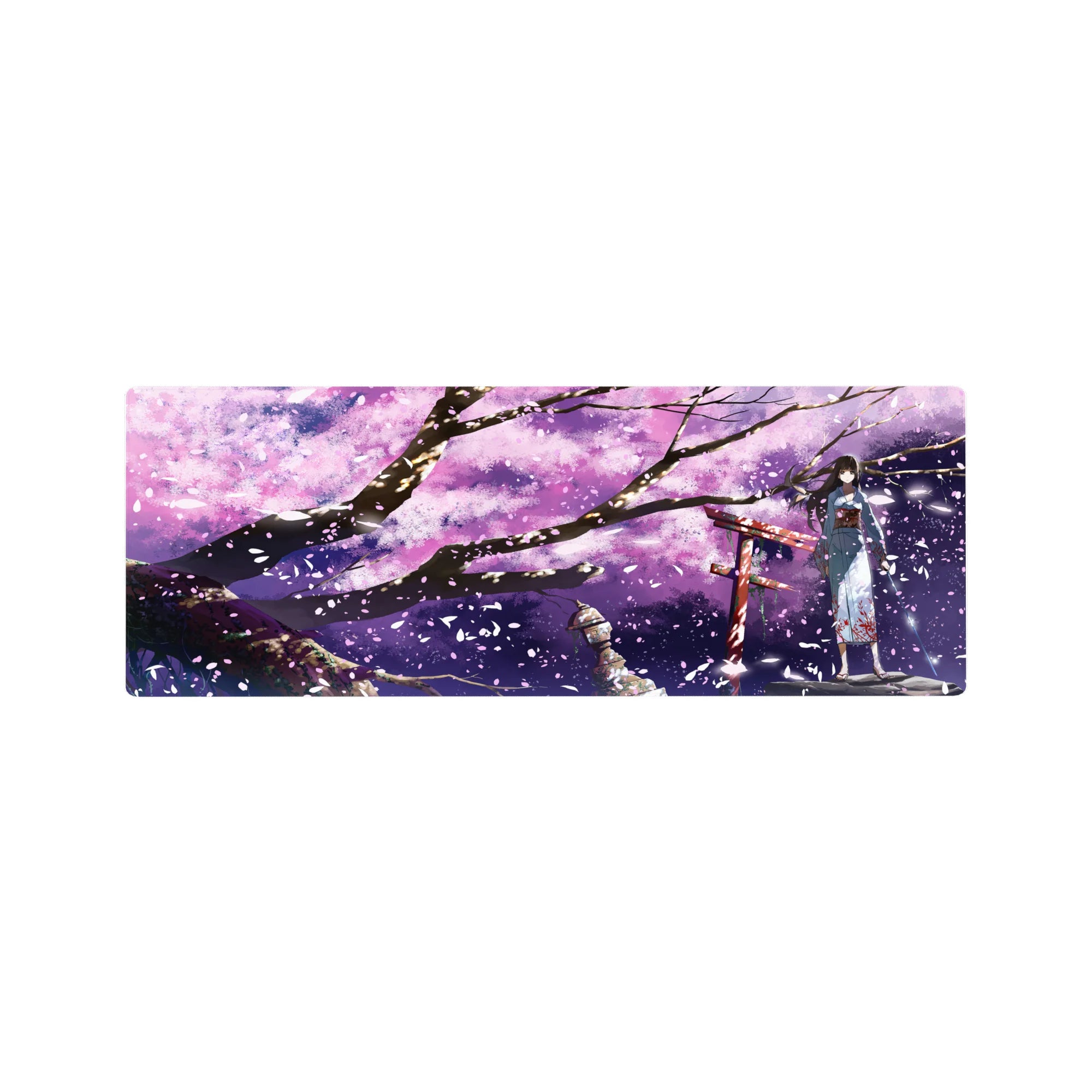 32x12 inches anime girl mouse pad with blue yukata, red shrine gate, sakura petals, and night sky art.