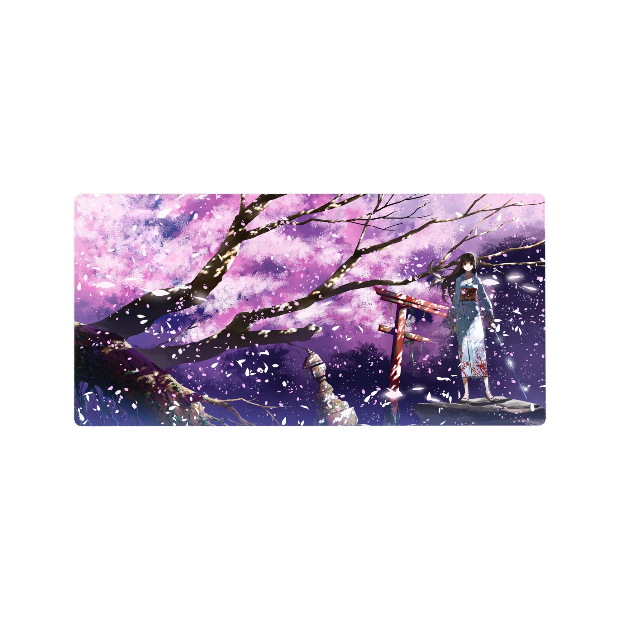 Anime girl mouse pad 32x16 inches with blue yukata, sakura petals, red shrine gate, night scene.