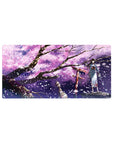 Anime girl mouse pad 32x16 inches with blue yukata, sakura petals, red shrine gate, night scene.