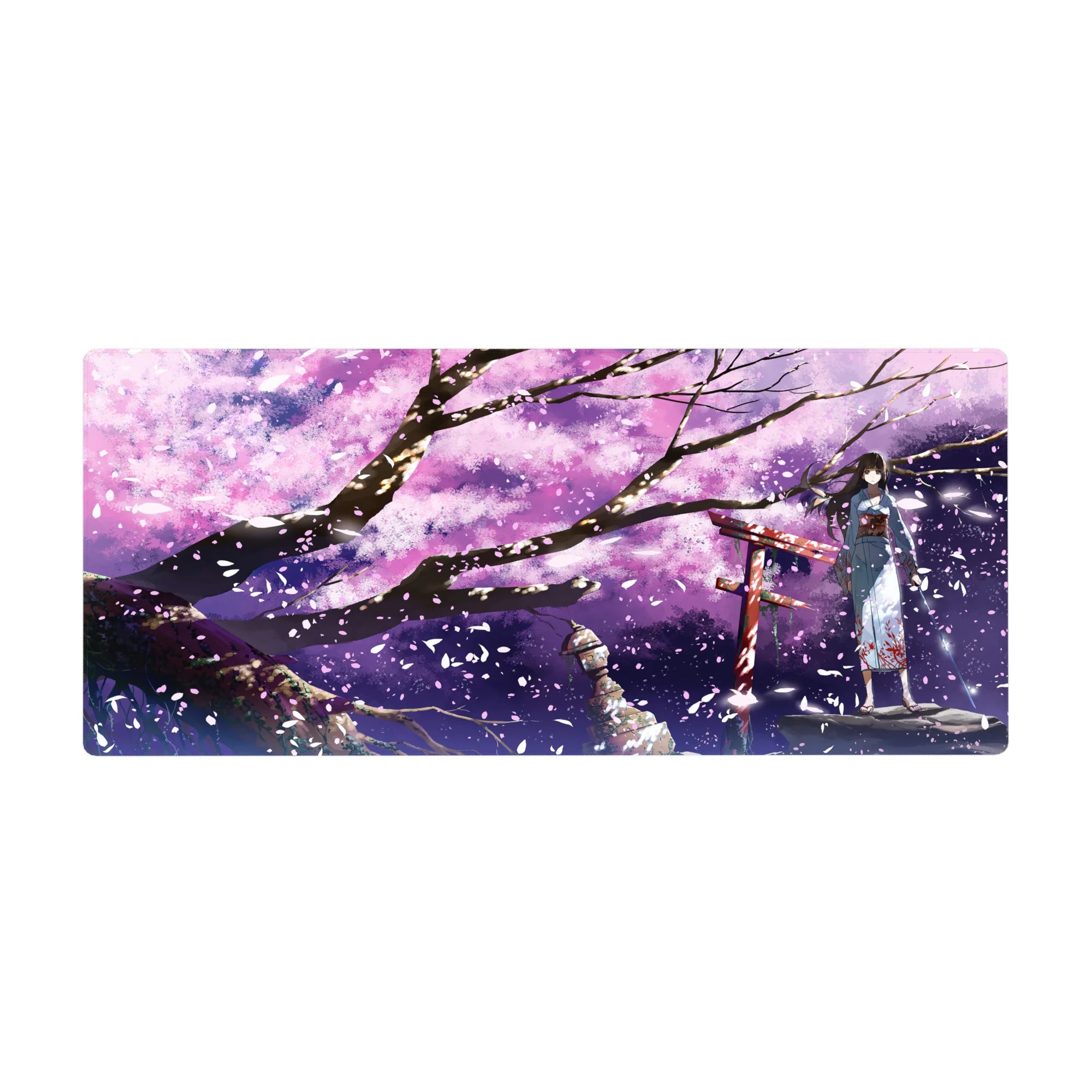 36x16 inches anime girl desk pad with blue yukata, red torii gate, sakura petals, night sky art.