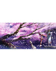 36x16 inches anime girl desk pad with blue yukata, red torii gate, sakura petals, night sky art.