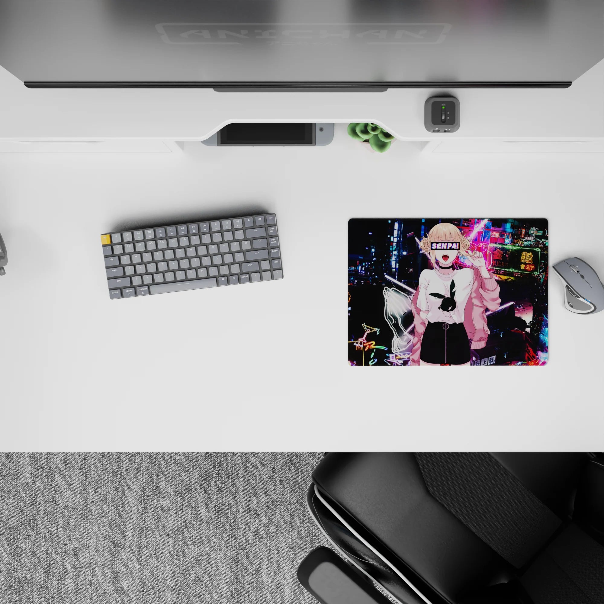 Neon cyberpunk anime mouse pad 14x10 inches in electric blue and magenta, glitchy arcade night vibe.